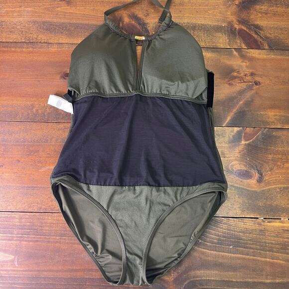 Lauren Ralph Lauren High-Neck One-Piece Olive Green Ruched Women's 16 - Picture 5 of 13